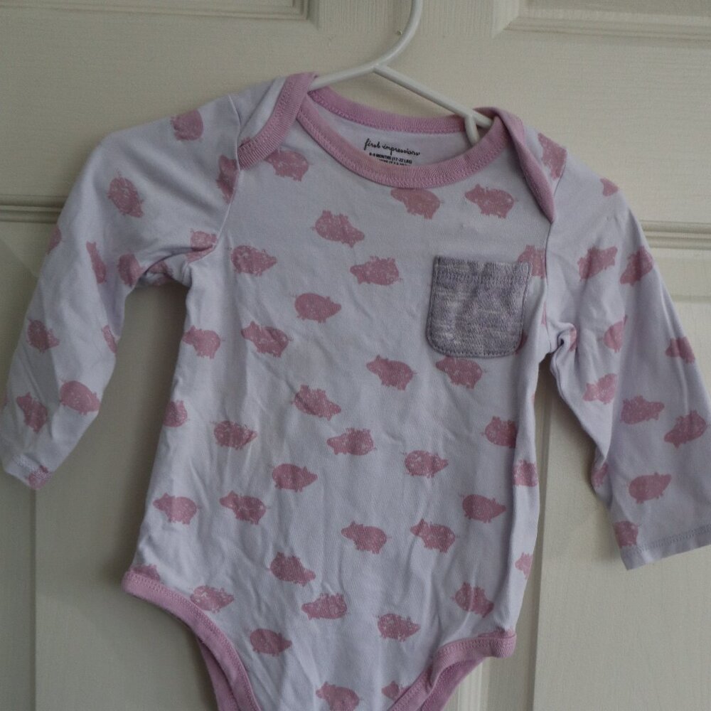 First Impressions Pink/White Pig long sleeve onesie 6/9m